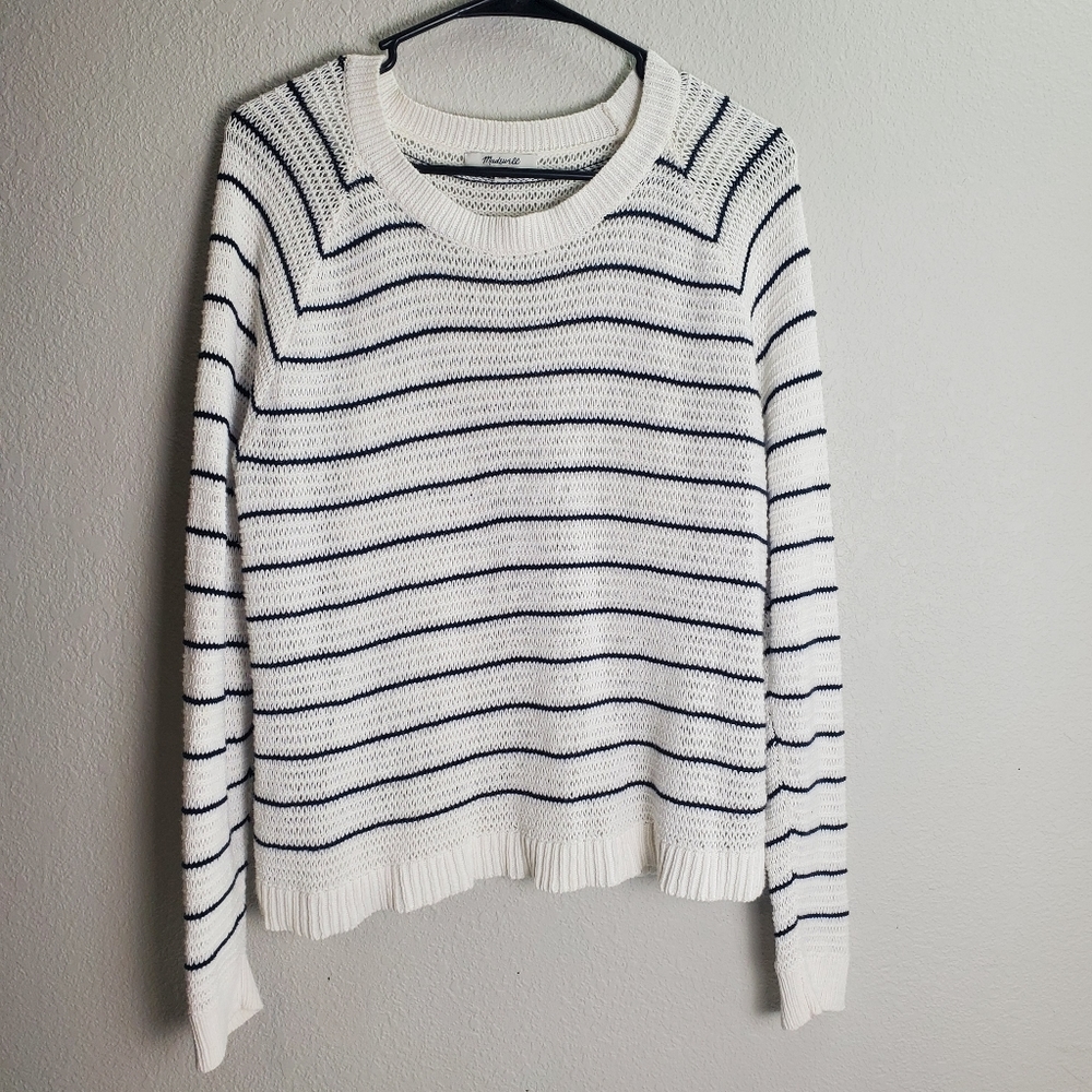Madewell Crochet Knit Sweater Top Long Sleeve Stripped White Blue Womens Size M